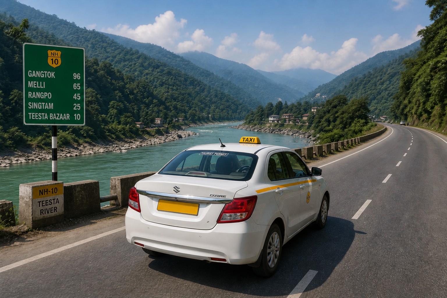 A beautiful highway winding alongside the emerald Teesta river en route to Gangtok