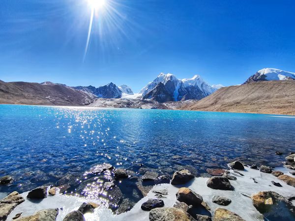 A spectacular view of the sacred Tsomgo Changu Lake in East Sikkim during a Gangtok taxi tour